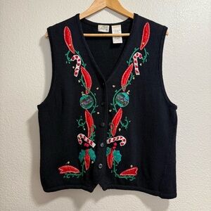Kathie Lee Black Christmas Ornament Button Front Sweater Vest Size XL